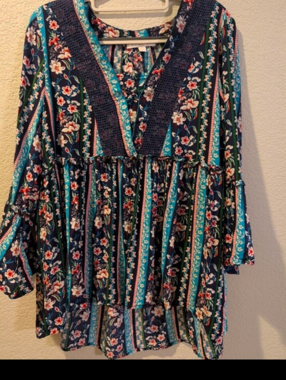 Weekend Suzanne Betro XL Floral Boho Peasant Blouse Crochet Trim Bell Sleeve Top - Picture 12 of 12